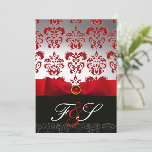 RED SILVER RIBBON & BLACK DAMASK MONOGRAMM Ruby Einladung (Stehend Vorderseite)