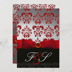 RED SILVER RIBBON & BLACK DAMASK MONOGRAMM Ruby Einladung