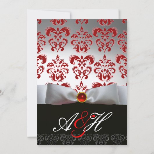 RED SILVER RIBBON & BLACK DAMASK MONOGRAMM Ruby Einladung (Vorderseite)