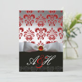 RED SILVER RIBBON & BLACK DAMASK MONOGRAMM Ruby Einladung (Stehend Vorderseite)