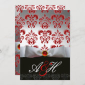 RED SILVER RIBBON & BLACK DAMASK MONOGRAMM Ruby Einladung (Vorne/Hinten)