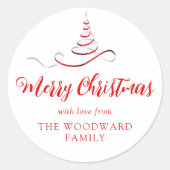 Red Silver Ribbon Tree Frohe Weihnachtsschrift Runder Aufkleber (Vorderseite)