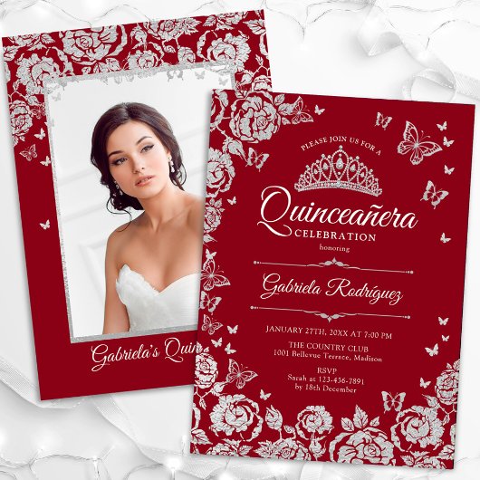 Red Silver Rose Schmetterlinge Quinceanera Foto Einladung