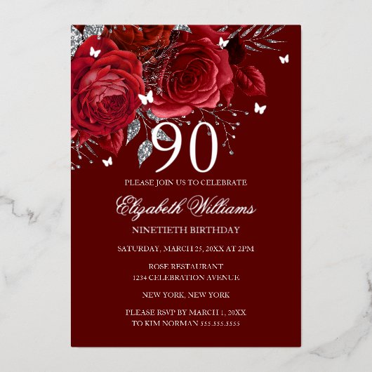 Red Silver Rose Sparkling Butterfly 90th Birthday  Folieneinladung (Vorderseite)