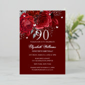 Red Silver Rose Sparkling Butterfly 90th Birthday  Folieneinladung (Stehend vorne)