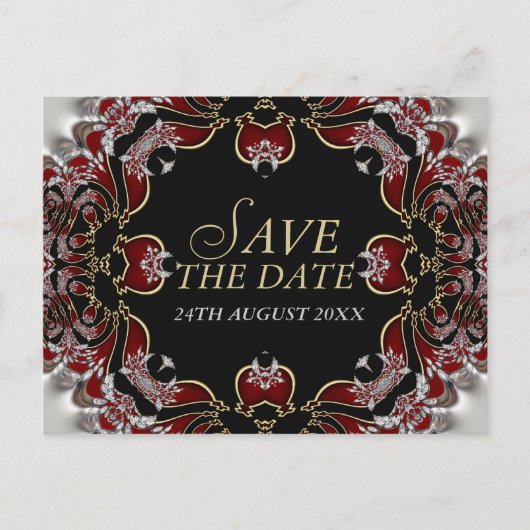Red+Silver Satin Save the Date Postkarte (Vorderseite)