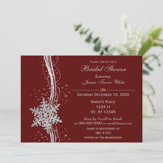 Red Silver Snowflake Winter Brautparty Einladung (Stehend Vorderseite)