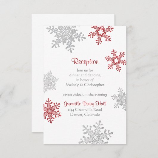 Red Silver Snowflake Winter Wedding Empfang Begleitkarte (Vorne/Hinten)