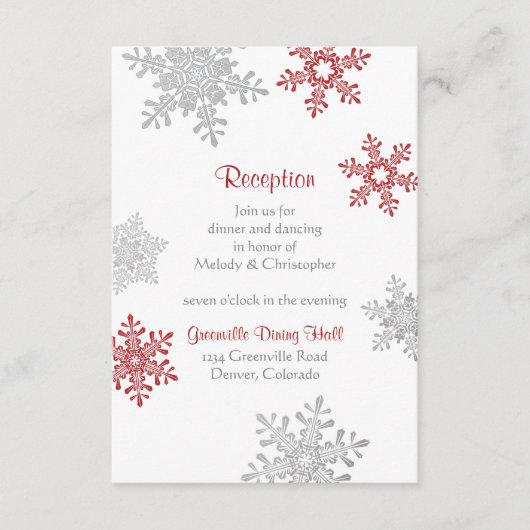 Red Silver Snowflake Winter Wedding Empfang Begleitkarte (Vorderseite)