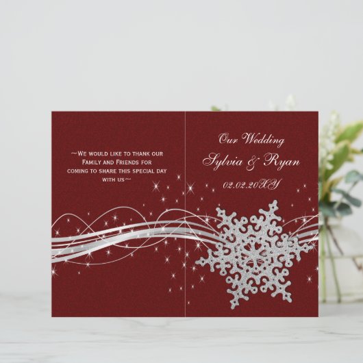 Red Silver Snowflakes Hochzeitsprogramme gefaltet (Stehend Vorderseite)
