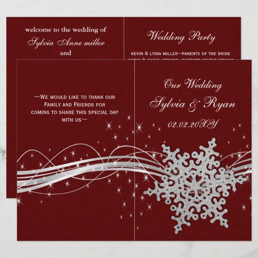 Red Silver Snowflakes Hochzeitsprogramme gefaltet (Vorne/Hinten)