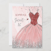 Red Silver Sparkle Glitzer Dress Sweet 16 Geburtst Einladung (Vorderseite)