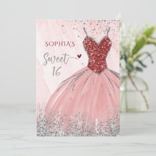Red Silver Sparkle Glitzer Dress Sweet 16 Geburtst Einladung (Stehend Vorderseite)