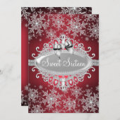Red Silver Sparkle Snowflake Sweet 16 Einladung (Vorne/Hinten)