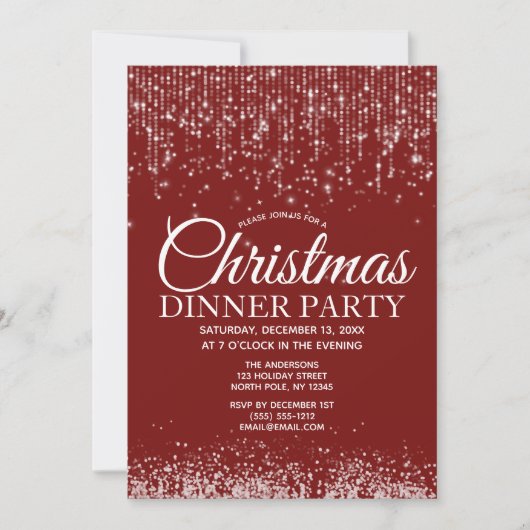 Red Silver String Light Dinner Party Einladung (Vorderseite)