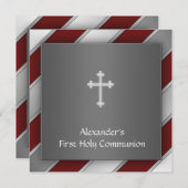 Red Silver Stripe Boy Erstkommunion Einladung (Vorne/Hinten)