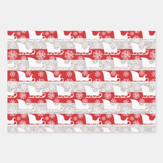 Red & Silver Stripe Snowflake & Santa Sleigh Geschenkpapier Set (Vorderseite 3)