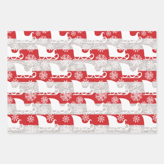 Red & Silver Stripe Snowflake & Santa Sleigh Geschenkpapier Set (Vorderseite)