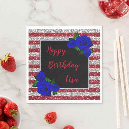 Red Silver Stripes Glitzer Deep Blue Rose Geburtst Serviette (Beispiel)