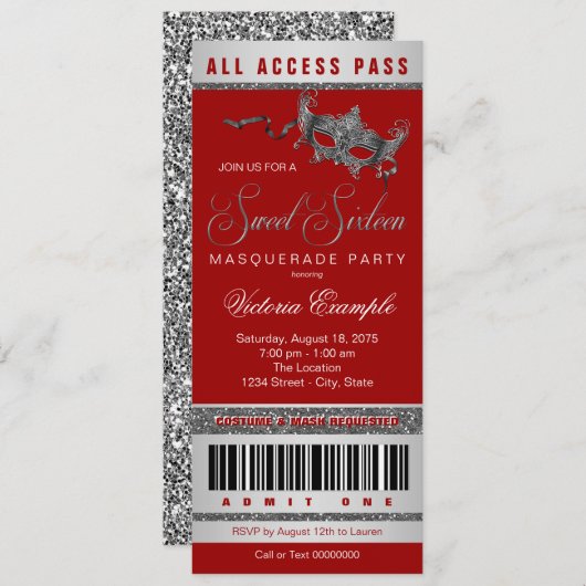 Red Silver Sweet 16 Masquerade Party Ticket Einladung (Vorne/Hinten)