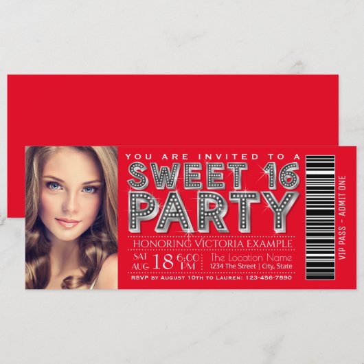 Red Silver Sweet 16 Ticket Einladung (Vorne/Hinten)