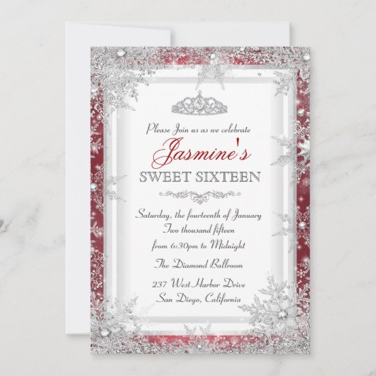 Red Silver Winter Wonderland Sweet 16 Einladung (Vorderseite)