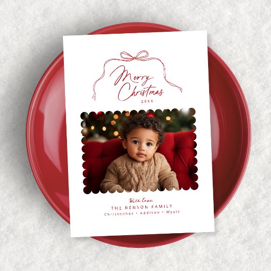 Red Simple Bow Scallop Foto Weihnachtskarte Feiertagskarte
