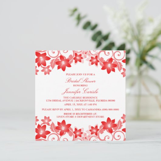 Red Simple Floral Brautparty laden Einladung (Stehend Vorderseite)