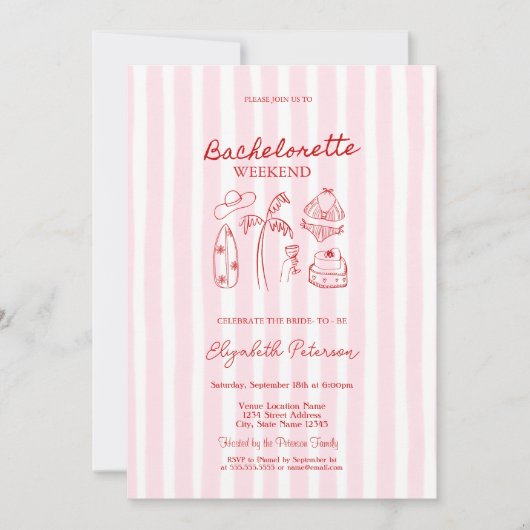Red Sketch Bikinis & Martinis Pink Striped Einladung (Vorderseite)