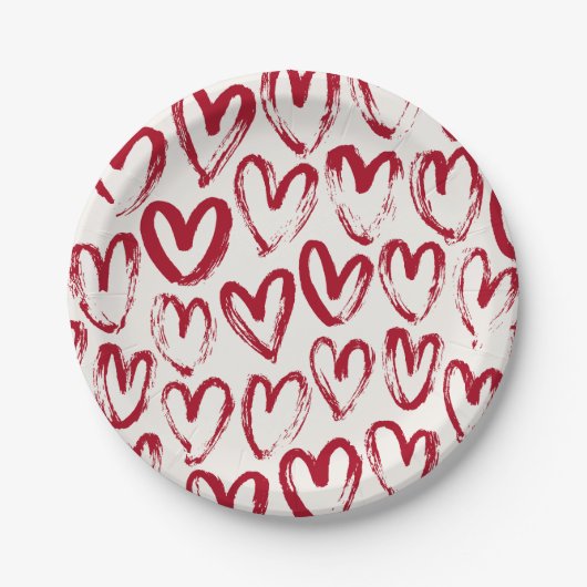 Red Sketch Heart Patterns Hand-Drawn Doodle-Style Pappteller (Vorderseite)