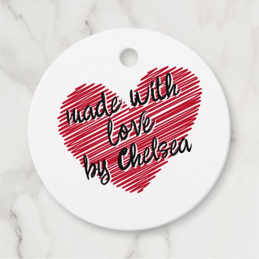 Red Sketchy Heart "Made with Liebe" Geschenkanhänger (Vorderseite)