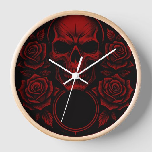 Red Skull with Roses - Dark Gothic Artwork Uhr (Vorderseite)
