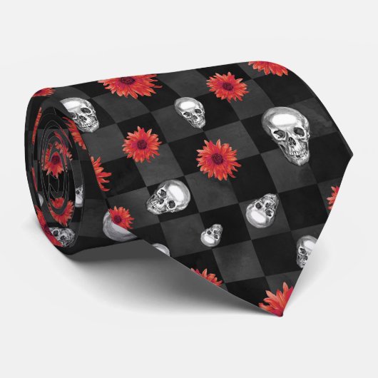 Red Skulls and Sunflower Series Design 7 Krawatte (Gerollt)