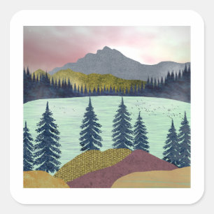 Red Sky Lake Landschaft Quadratischer Aufkleber