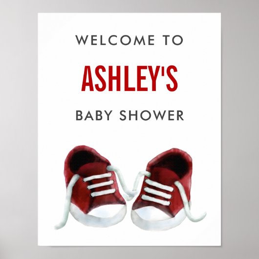 Red Sneakers Baby Dusche Begrüßungszeichen Plakat (Vorne)