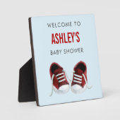 Red Sneakers Baby Shower Welcome Sign Plate Fotoplatte (Vorderseite)