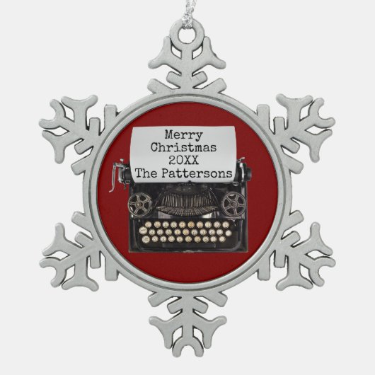 Red Snowflake Gerahmte Schreibmaschine Weihnachtss Schneeflocken Zinn-Ornament (Vorderseite)