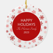 Red Snowflake Happy Holidays Family Keramik Ornament (Hinten)