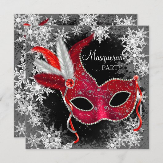 Red Snowflake Masquerade Party Einladung (Vorne/Hinten)