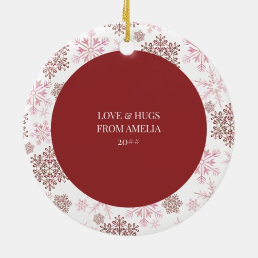Red Snowflake Merry Bright und Christmas Foto Keramik Ornament (Hinten)