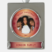 Red Snowflake Metallic Foto Weihnachten Banner-Ornament Silber (Vorderseite)