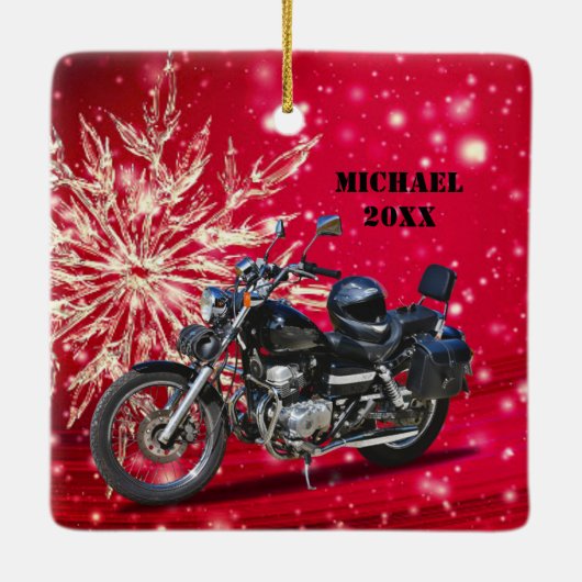Red Snowflake Motorrad und Helm Weihnachten Keramikornament (Rückseite)