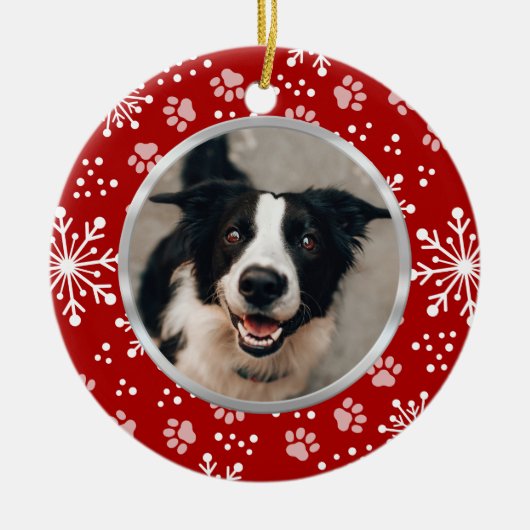 Red Snowflake Paw Pattern Pet Foto Keramik Ornament (Vorne)