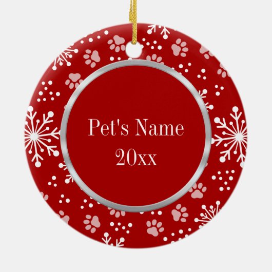 Red Snowflake Paw Pattern Pet Foto Keramik Ornament (Hinten)