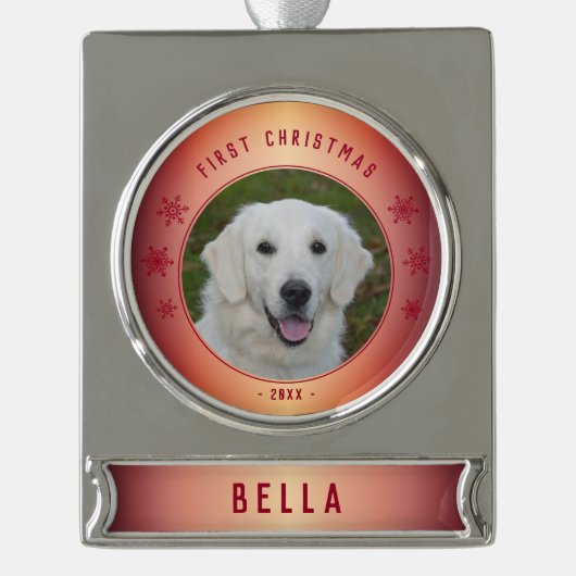 Red Snowflake Puppy Foto Banner-Ornament Silber (Vorderseite)