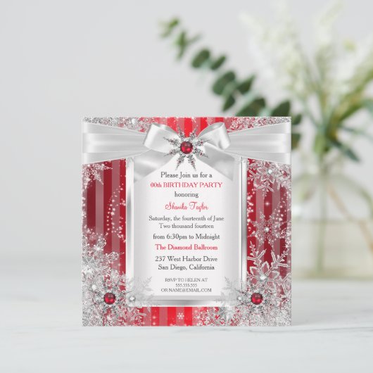 Red Snowflake Silver Bow Winter Wonderland Party Einladung (Stehend Vorderseite)