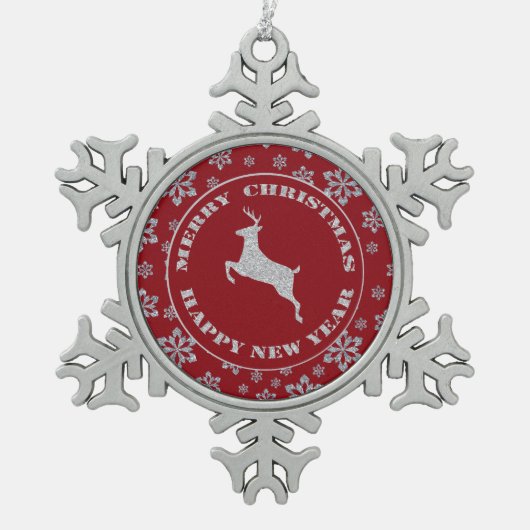 Red Snowflake Silver Rentier Schneeflocken Zinn-Ornament (Vorderseite)