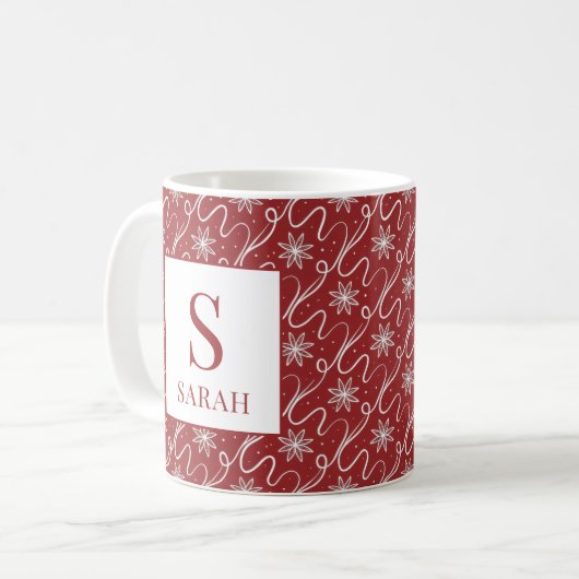Red Snowflake Swirl Monogram Name Kaffeetasse (Vorderseite Links)