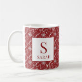 Red Snowflake Swirl Monogram Name Kaffeetasse (Links)