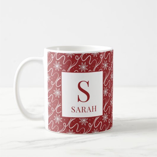 Red Snowflake Swirl Monogram Name Kaffeetasse (Links)